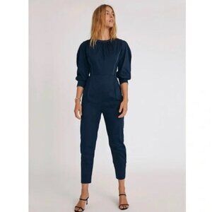 SOMETHING NAVY navy rosette puff sleeve jumpsuit